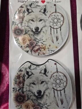 Wolf & Dreamcatcher Floral Car Coasters - Neutral Tones